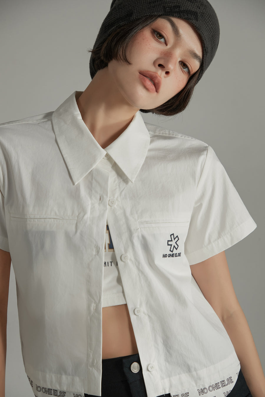 CHUU Cotton Embroidered Boxy Short Sleeve Crop Shirt