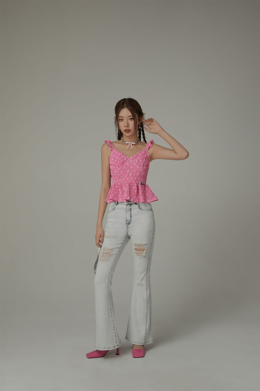 CHUU Ruffled Straps Sleeveless Polka Dot Peplum Blouse