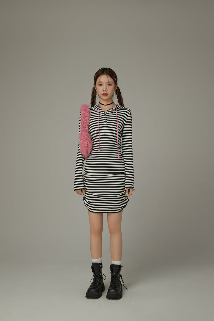 Striped Hooded Slim Long Sleeve Dress