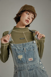 Knee Damaged Denim Overalls