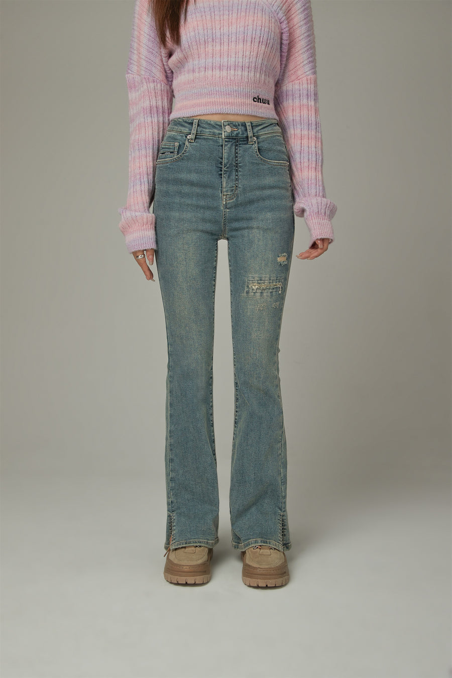 CHUU Washed Ripped Bootcut Denim Jeans