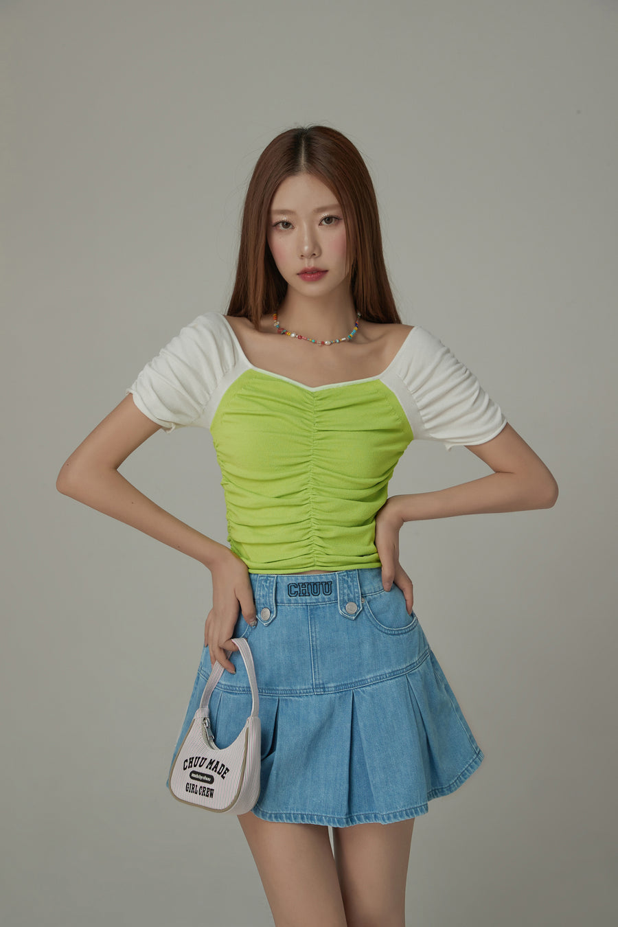 CHUU Off The Shoulder Shirred Knit Top