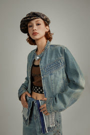 Neck Button Washed Denim Jacket