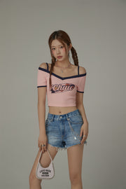 Chuu Lettering Off-The-Shoulder Crop T-Shirt