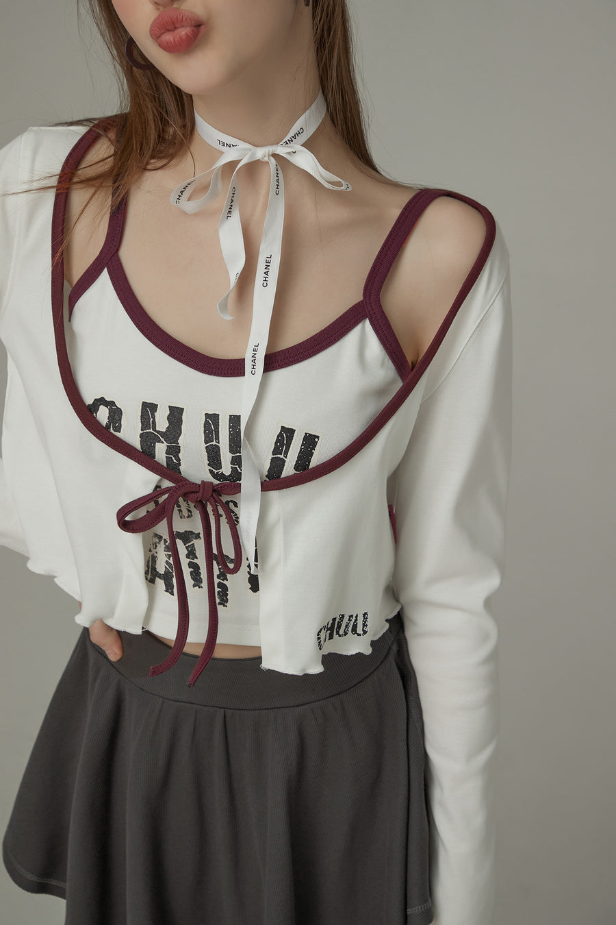 CHUU Ruffled Hem Ribbon Long Sleeve Cardigan