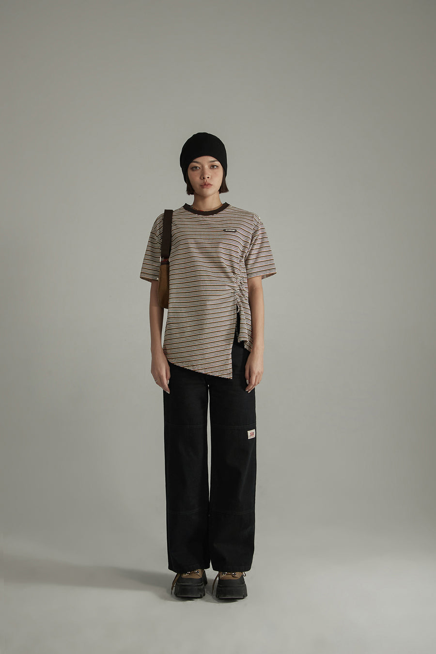 CHUU Striped Slit Shirring String T-Shirt