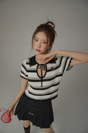 Stripe Ribbon Keyhole Knit Top