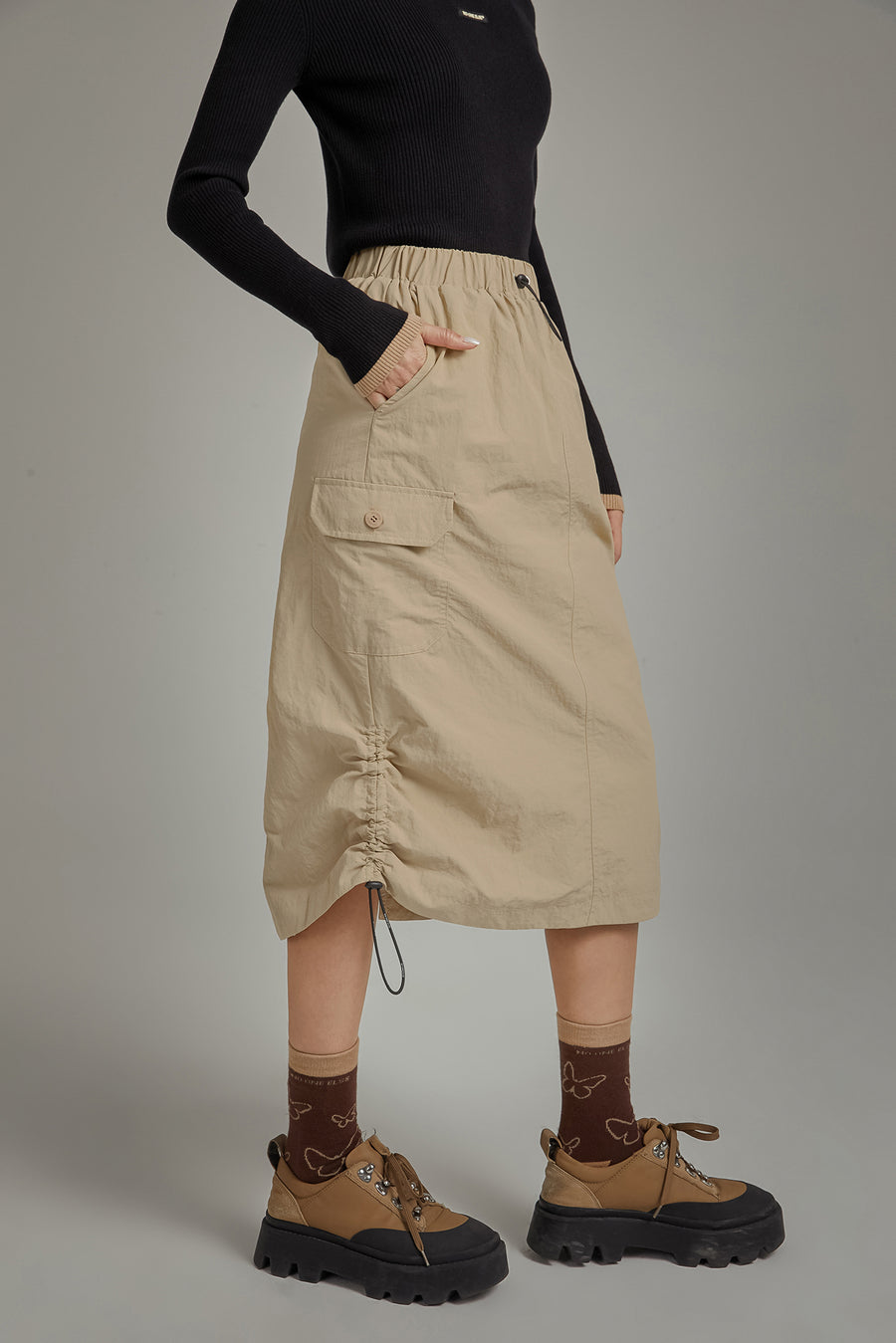 CHUU Elastic Waist String Shirring Skirt