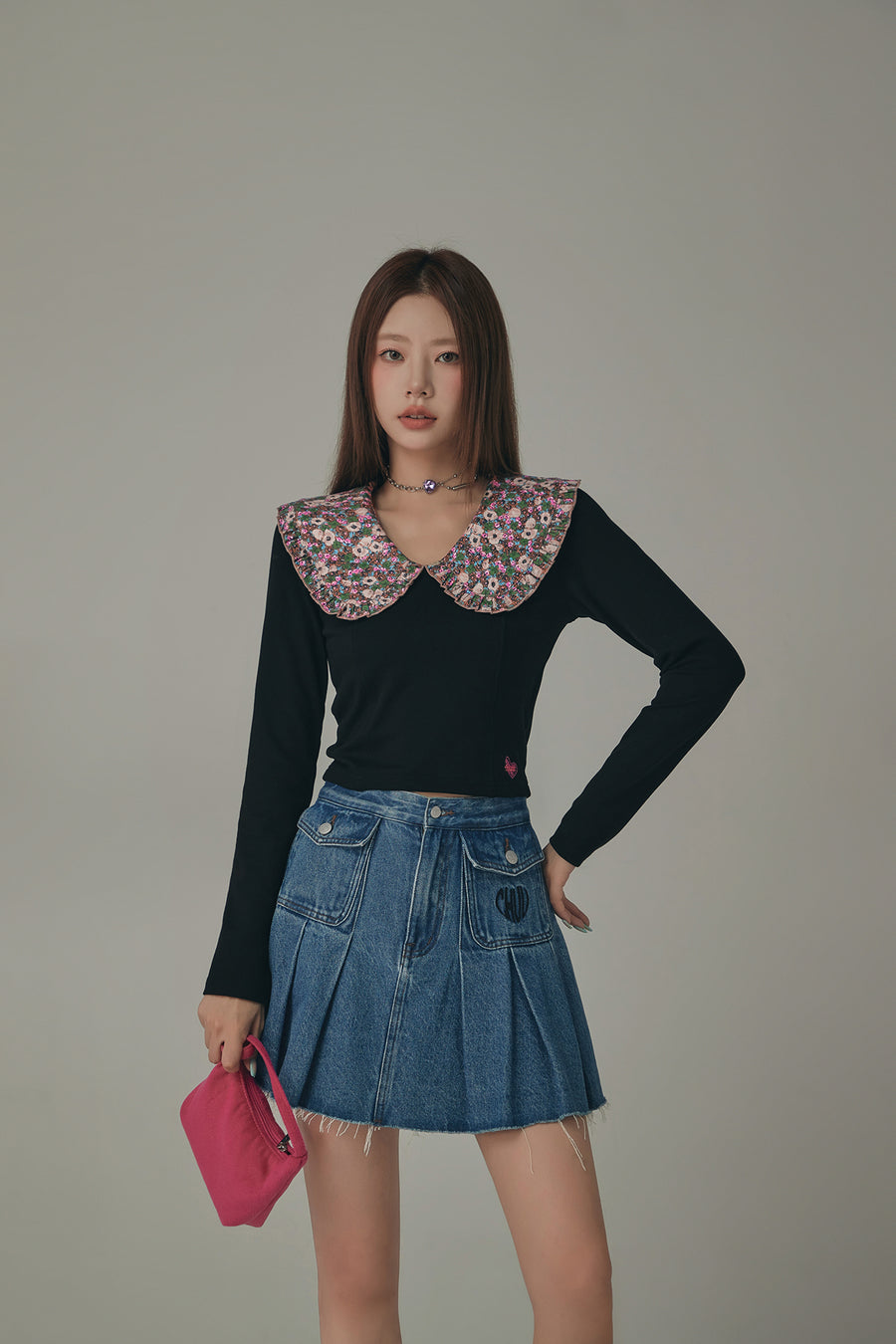 CHUU Flower Floral Collar Long Sleeved T-Shirt