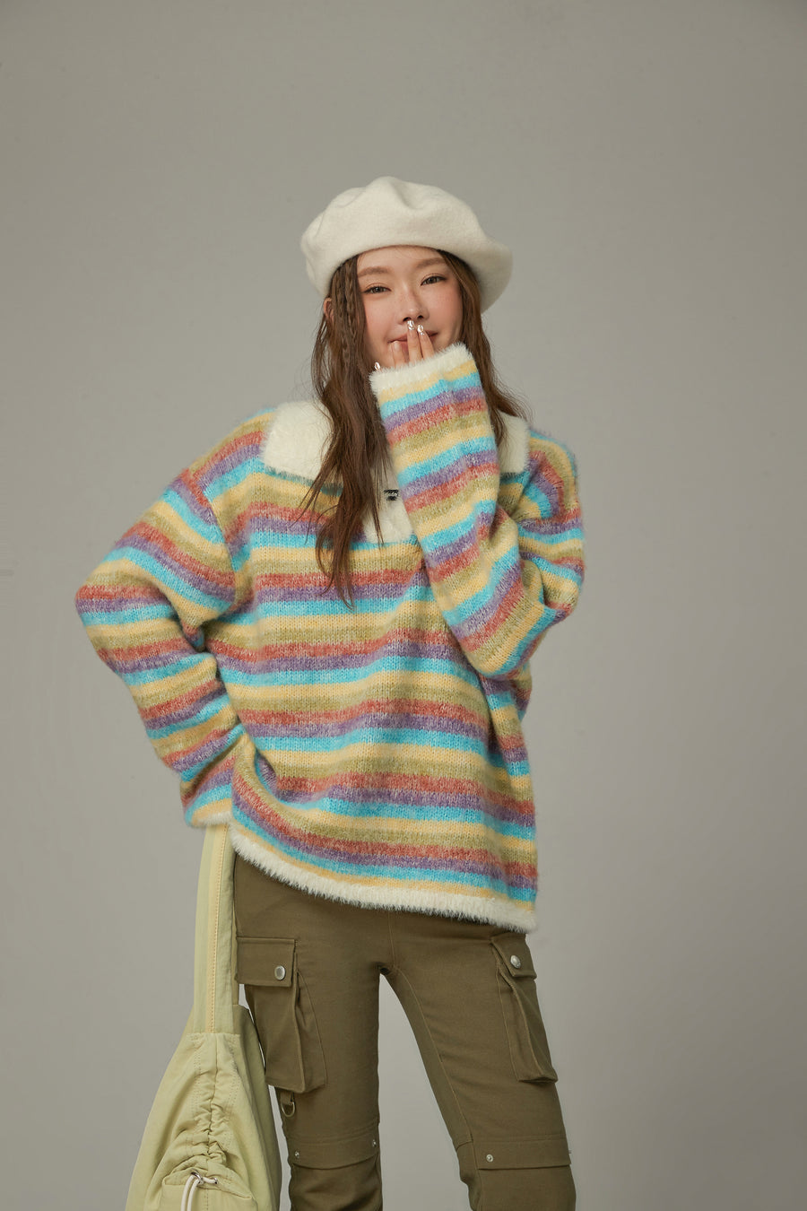 CHUU Collar Rainbow Stripe Knit Sweater