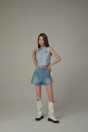 Color Line Button Denim Shorts