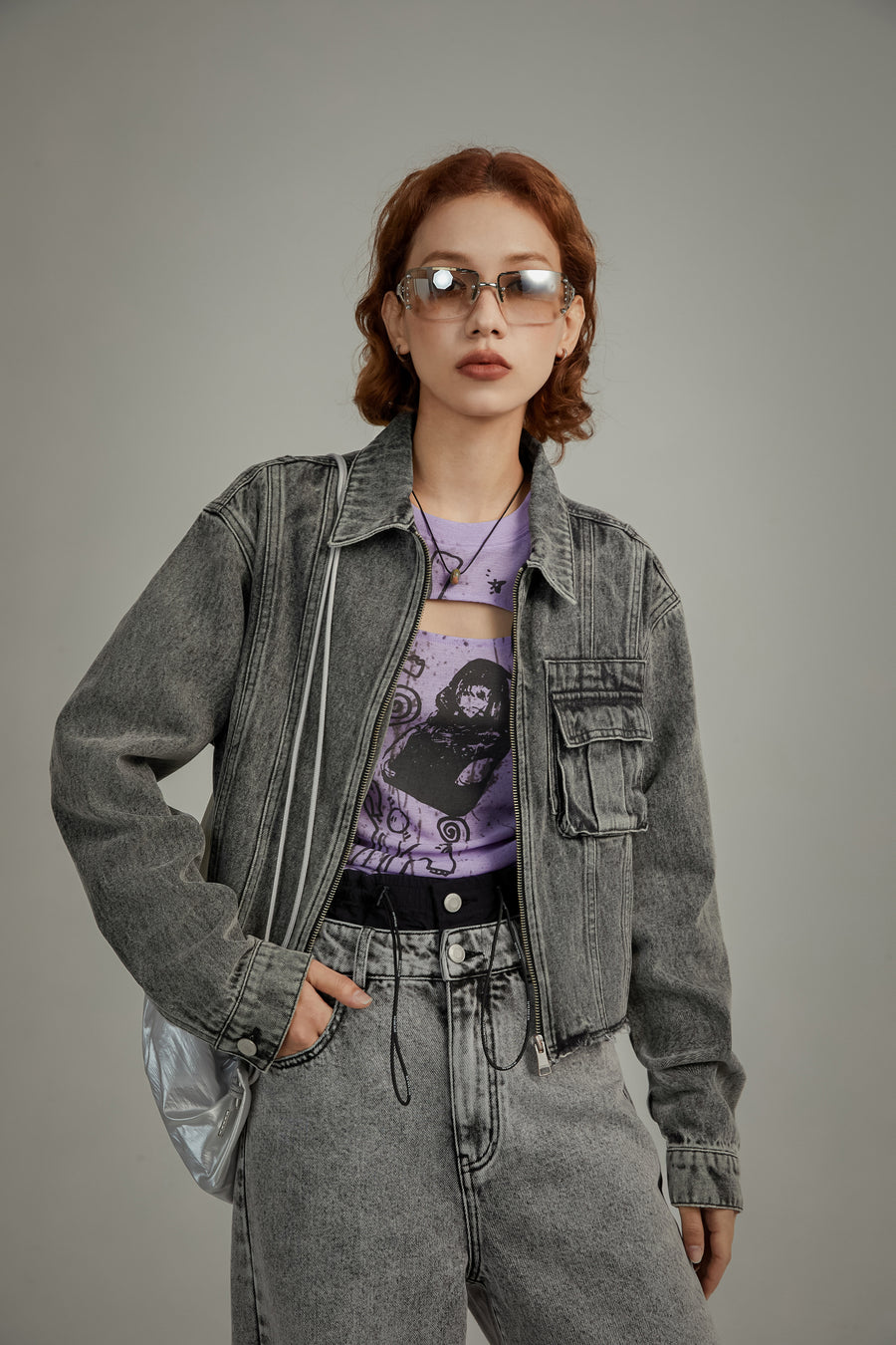 CHUU Logo Pocket Zip-Up Denim Jacket