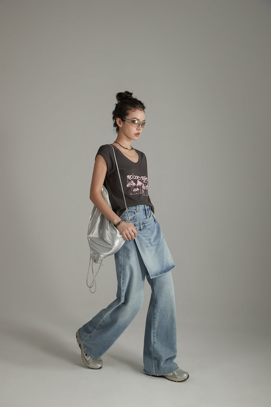 CHUU Layered False Skirt Wide Denim Jeans