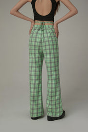 Color Checked Tie Waist Bootcut Pants