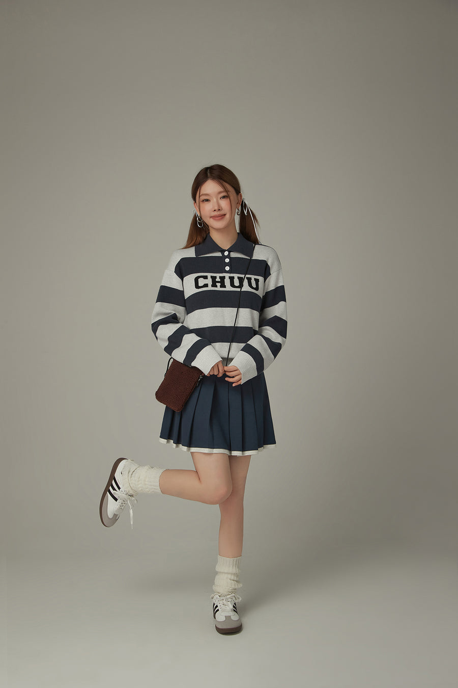 CHUU Polo Neck Striped Knit Top