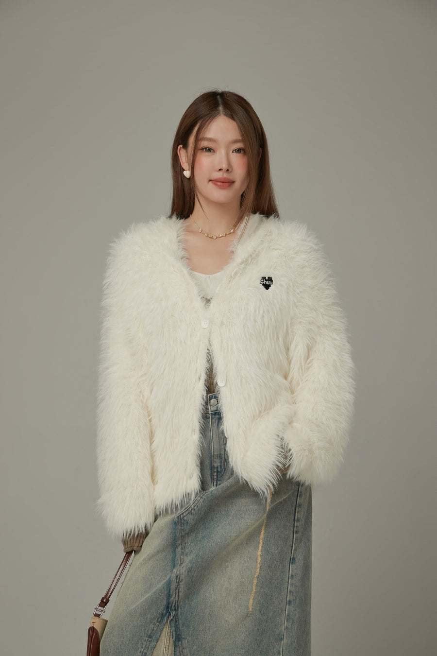 CHUU Embroidered Fuzzy Hooded Cardigan