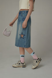 Hollow Star Washed Denim Medium Length Skirt