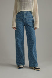 Vintage Argyle Pattern Wide Denim Jeans