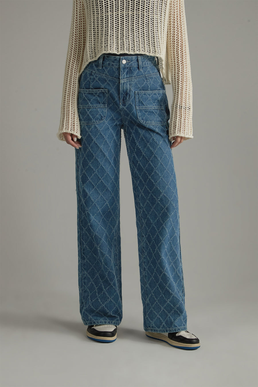 CHUU Vintage Argyle Pattern Wide Denim Jeans