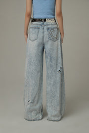 Distressed Straight Wide-Leg Denim Jeans