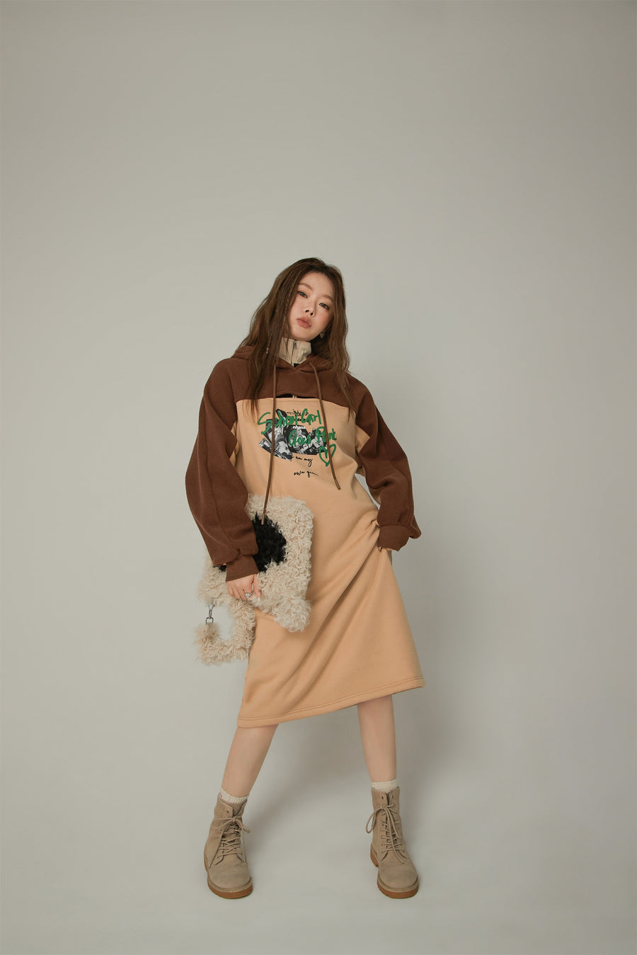 CHUU Front Slit Hooded Dress