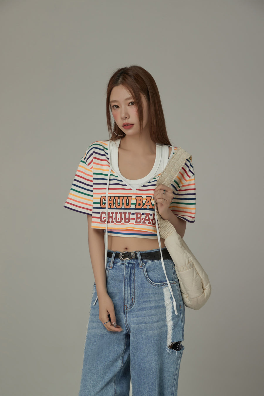 CHUU V-Neck Rainbow Stripe Loosefit T-Shirt