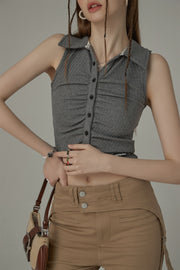 Shirred Button Color Sleeveless Crop Top