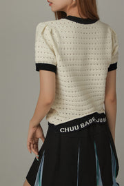 Size Doesnt Matter Color Hole Pattern Preppy Logo Knit Top