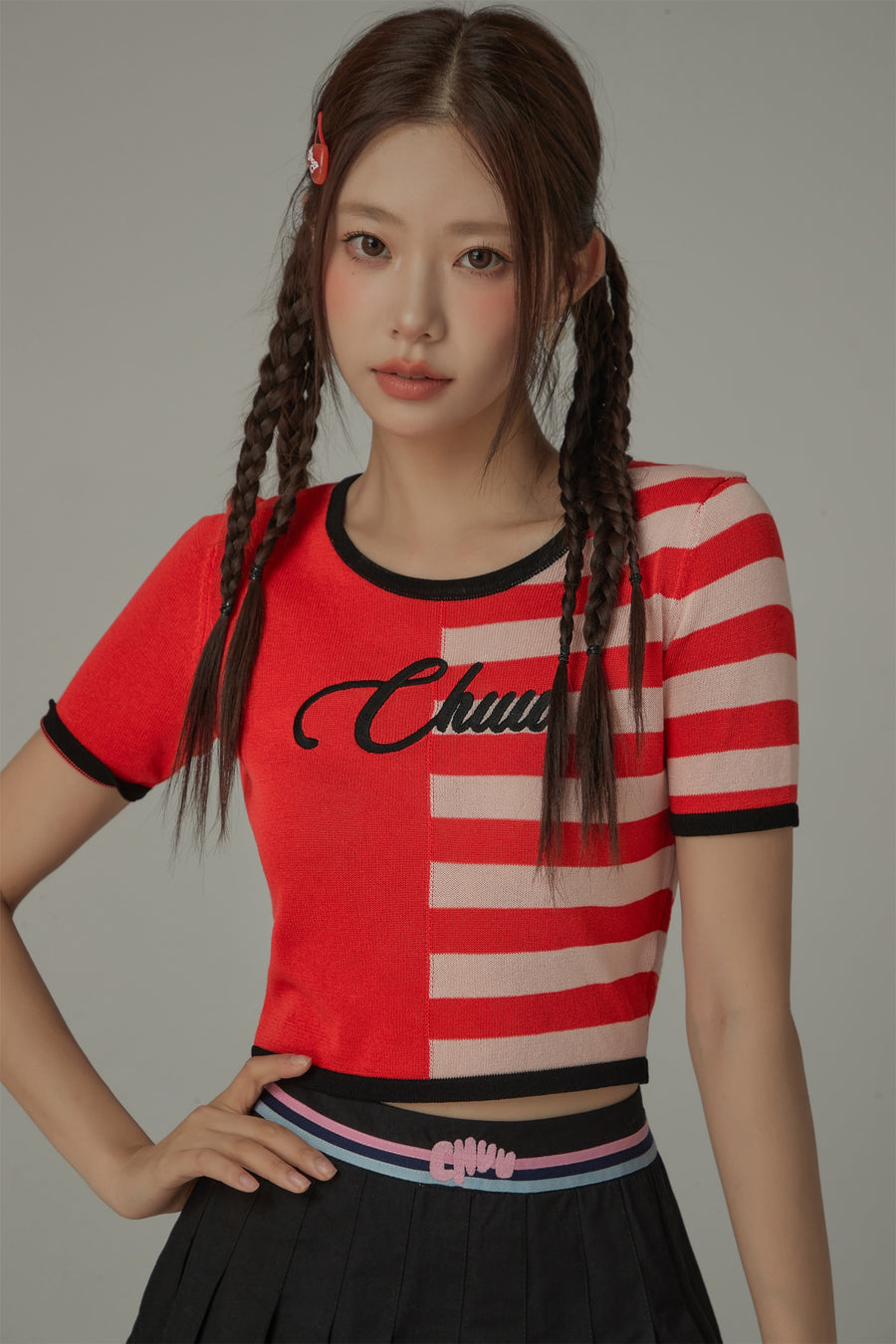 CHUU Chuu Lettering Half Striped Colorblocked Knit Crop Top