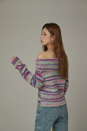 Off-Shoulder Color Stripe Knit Sweater