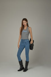 Wrap Front Pockets Denim Cropped Slim Jeans