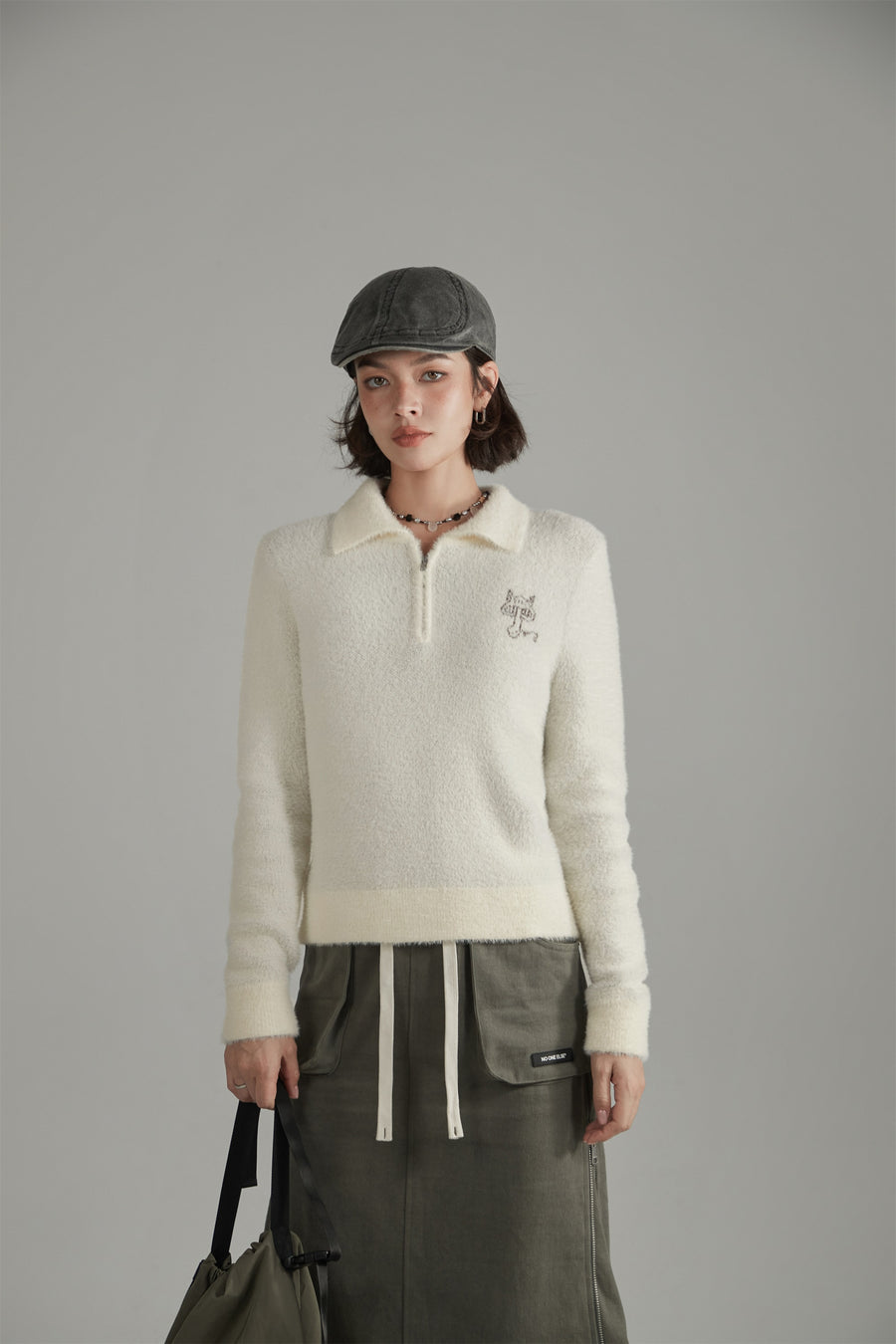 CHUU Mushroom Half Zip-Up Knit Sweater