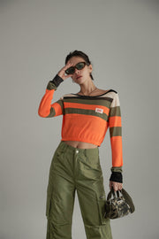 Faded Noe Lettering Multi Color Stripes Crop Knit Top