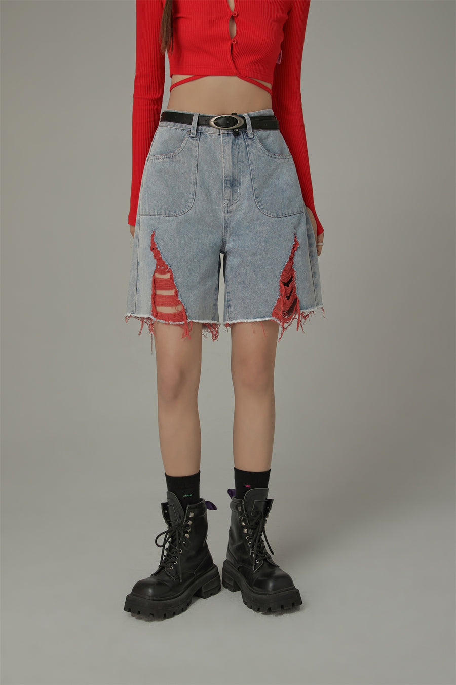 CHUU Color Distressed Rips Loosefit Denim Shorts