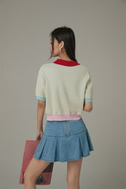 Polo Neck Color Blocked Multi-Color Pixel Block Pattern Knit Top