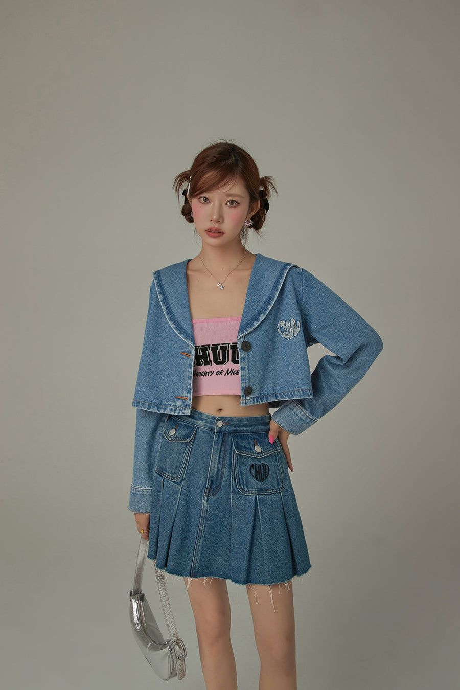 CHUU Embroidered Raw Edge Logo Sailor Denim Jacket