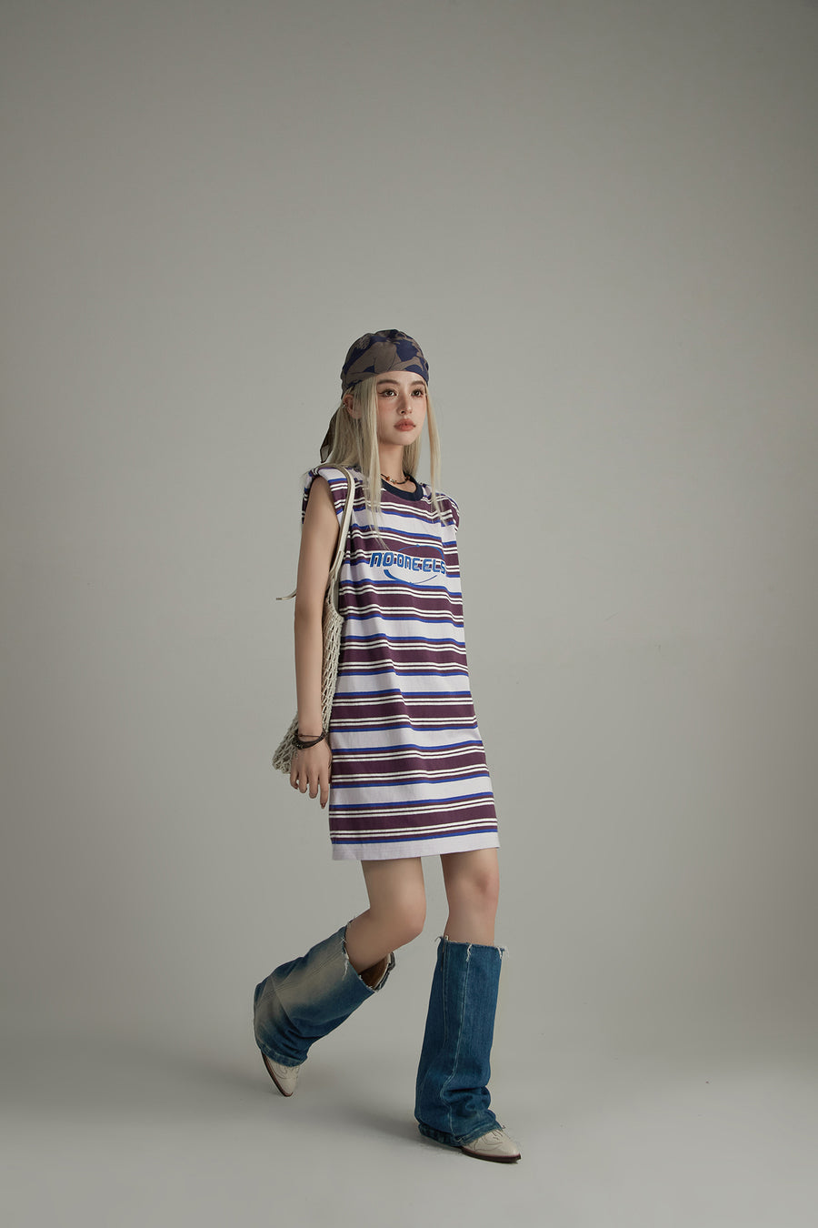 CHUU Striped Noe Center Logo Sleeveless T-Shirt Dress