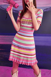 Rainbow Stripe Lettering Ruffle Hem Knit Dress