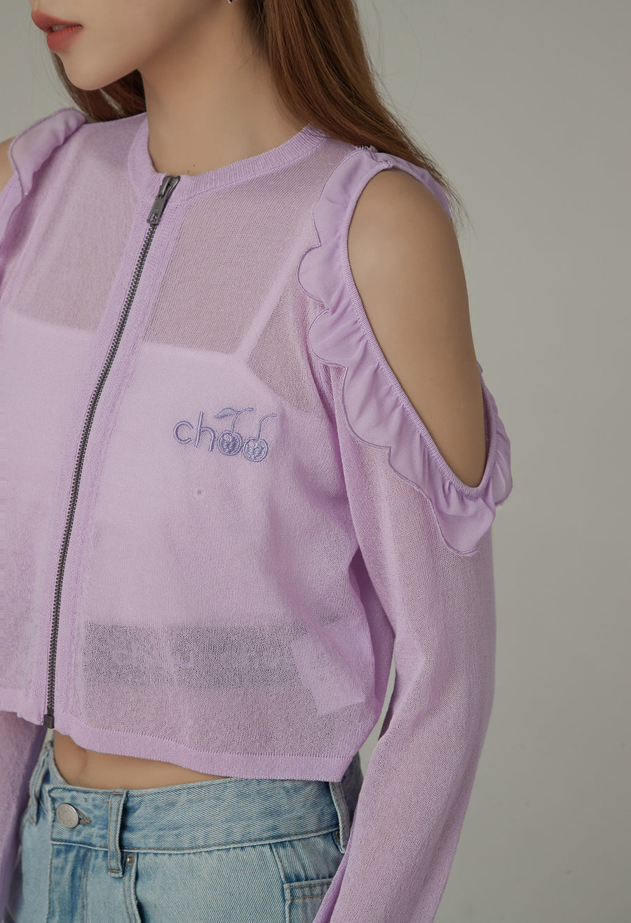 CHUU Frilly Off The Shoulder Zip-Up Cardigan