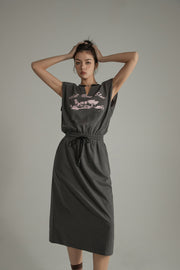 Printed Elastic Waist Drawstring Mid-Length Sleeveless Dress