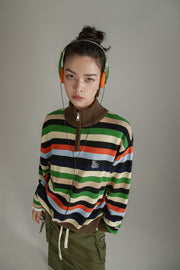 Rainbow Striped Loose Knit Half Zip Sweater