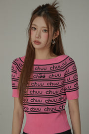 Cherry One Word Short Sleeved Knitted Slim Sweater