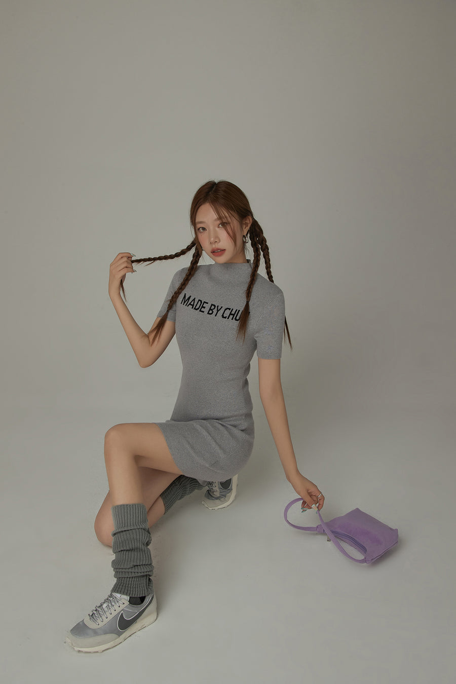 CHUU High Neck Logo Knit Mini Dress