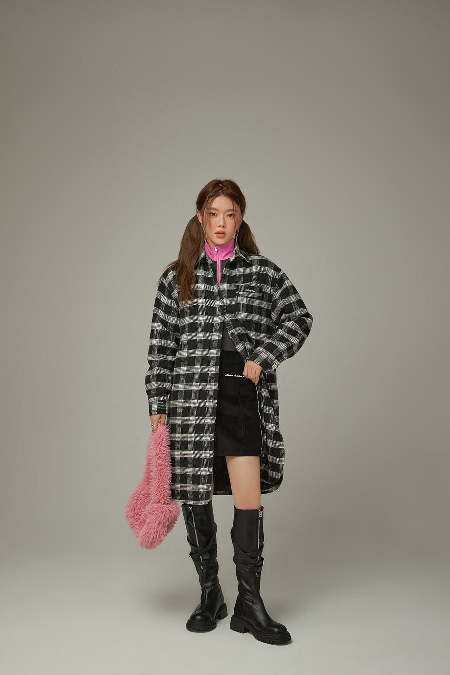 CHUU Check Long Button Coat