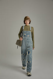 Knee Damaged Denim Overalls