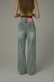 Cotton Distressed Denim Straight Leg Jeans