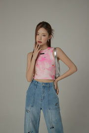 Light Tie Dye Printed Cherries Crop Sleeveless Top