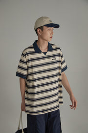 Retro Collar Stripe Short Sleeve T-Shirt