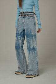 Double Belted Washed Straight Wide Jeans