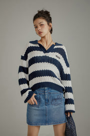 Color Combination Stripe Open Collar Knit Sweater